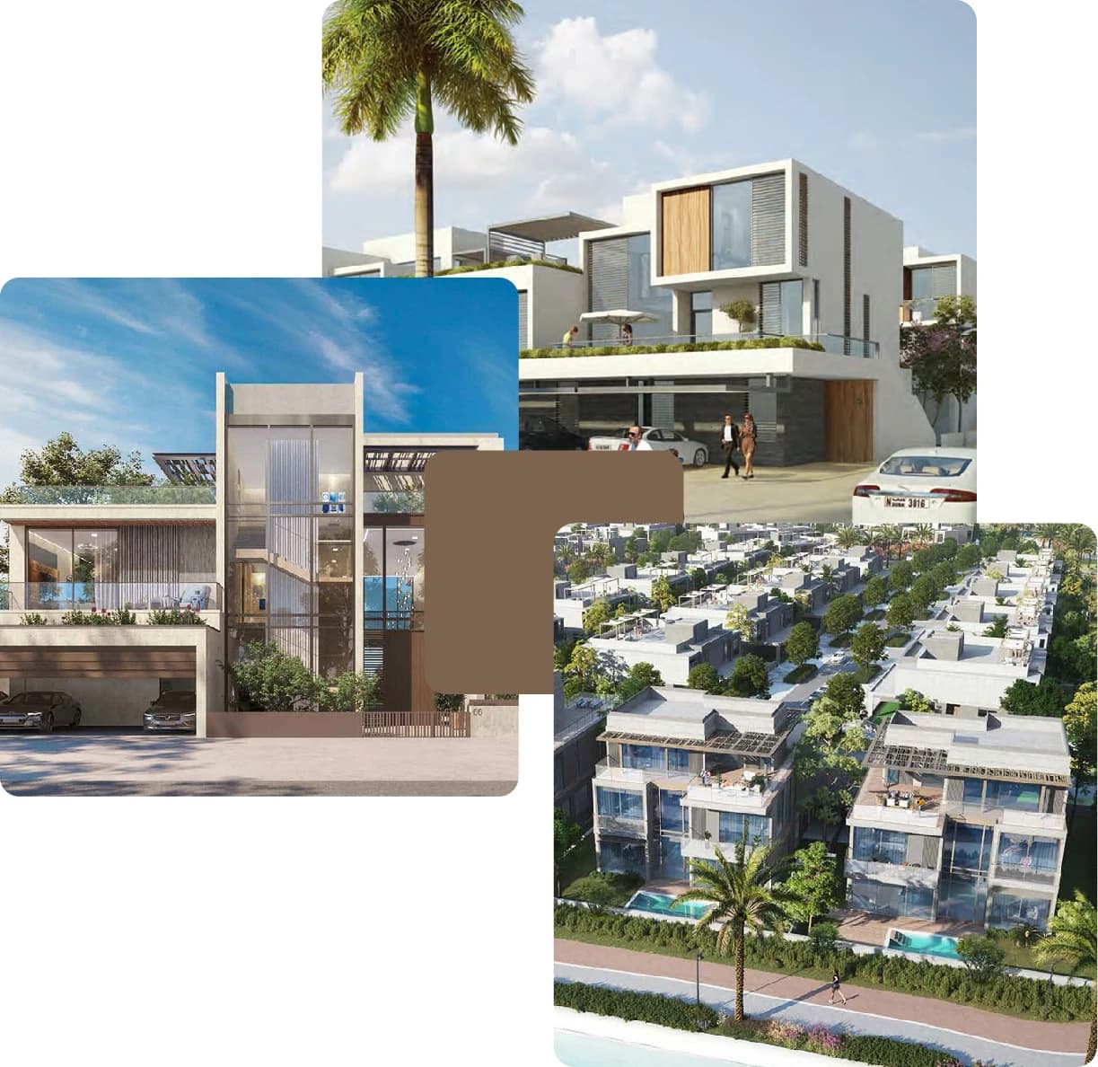 Modern villas with rooftop features in a well-planned green community
