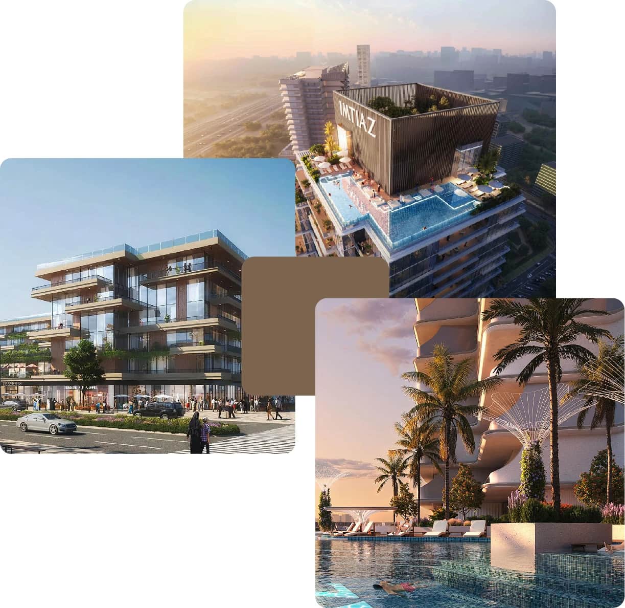 Rooftop pool with IMTIAZ logo at sunset