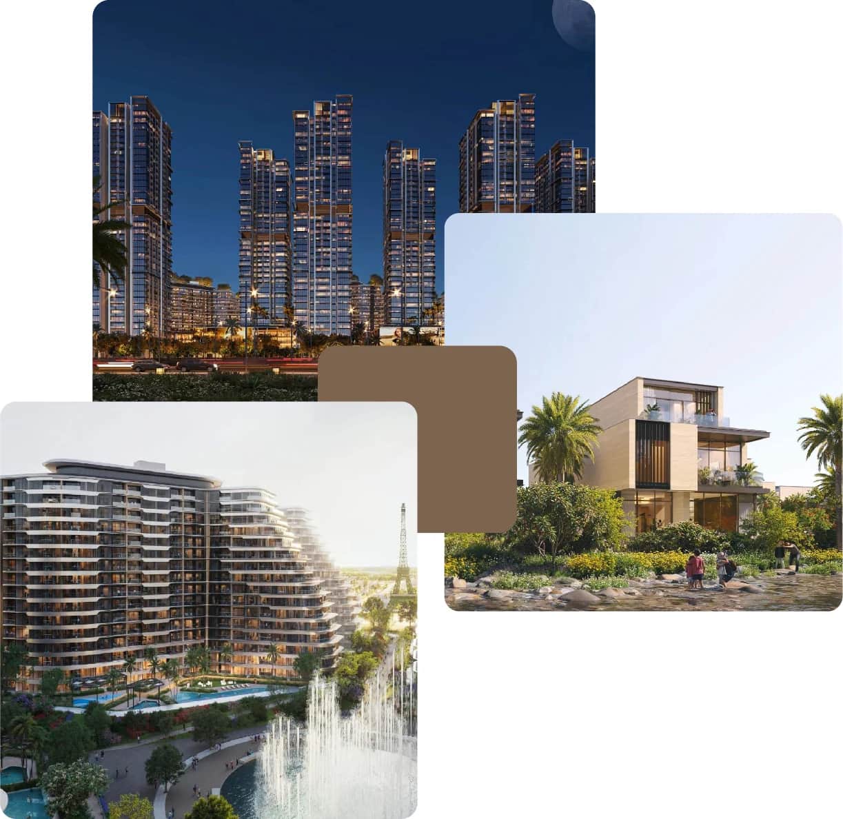 Night towers, luxury villa, and water fountain