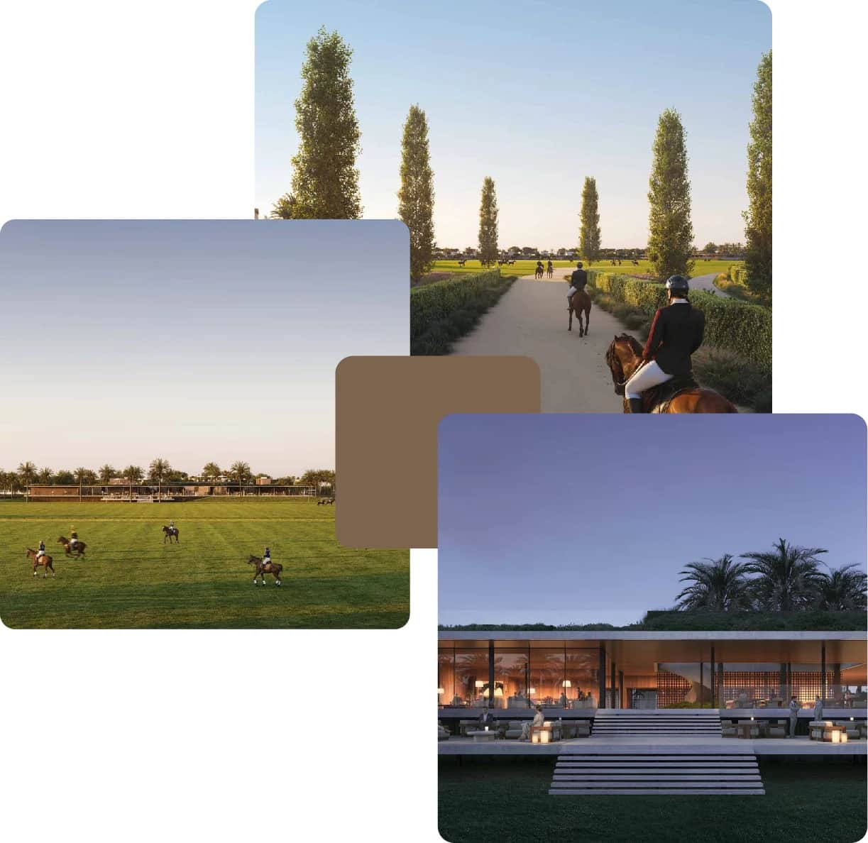 Horseback riders on trails and sunset polo clubhouse