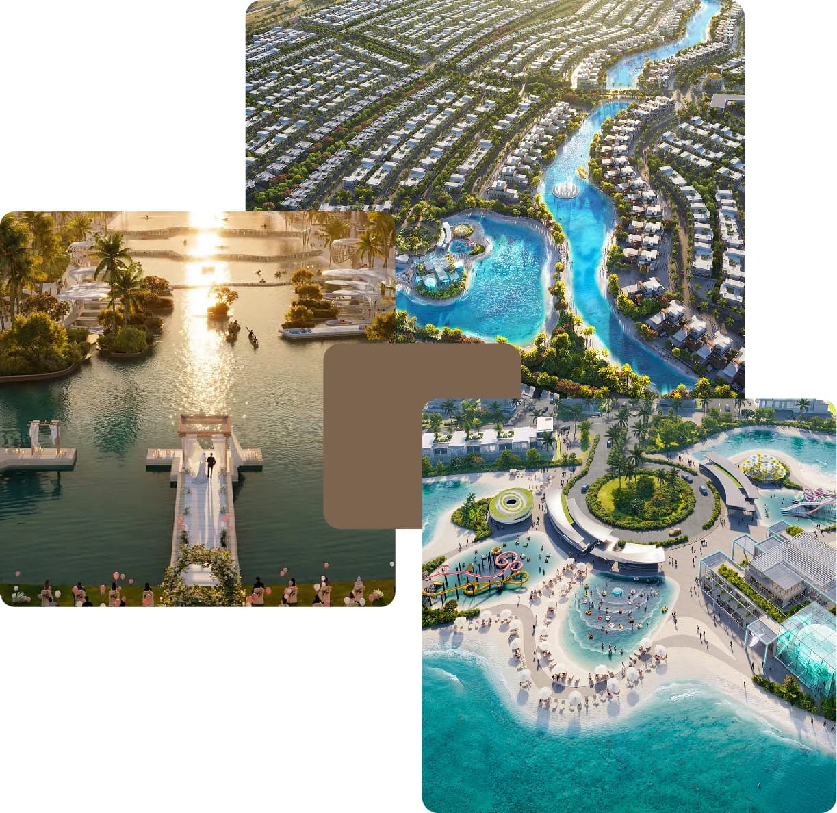 Aerial view of lagoon homes and waterfront resort