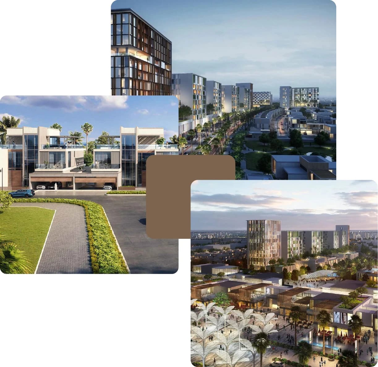 Modern urban development with luxury villas, mid-rise buildings, and a vibrant town center