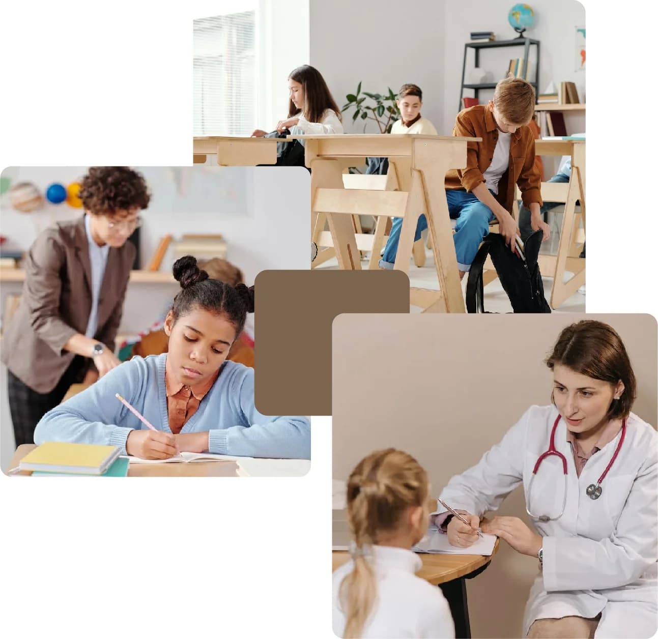 Collage: Students learning, teacher helping, doctor consulting