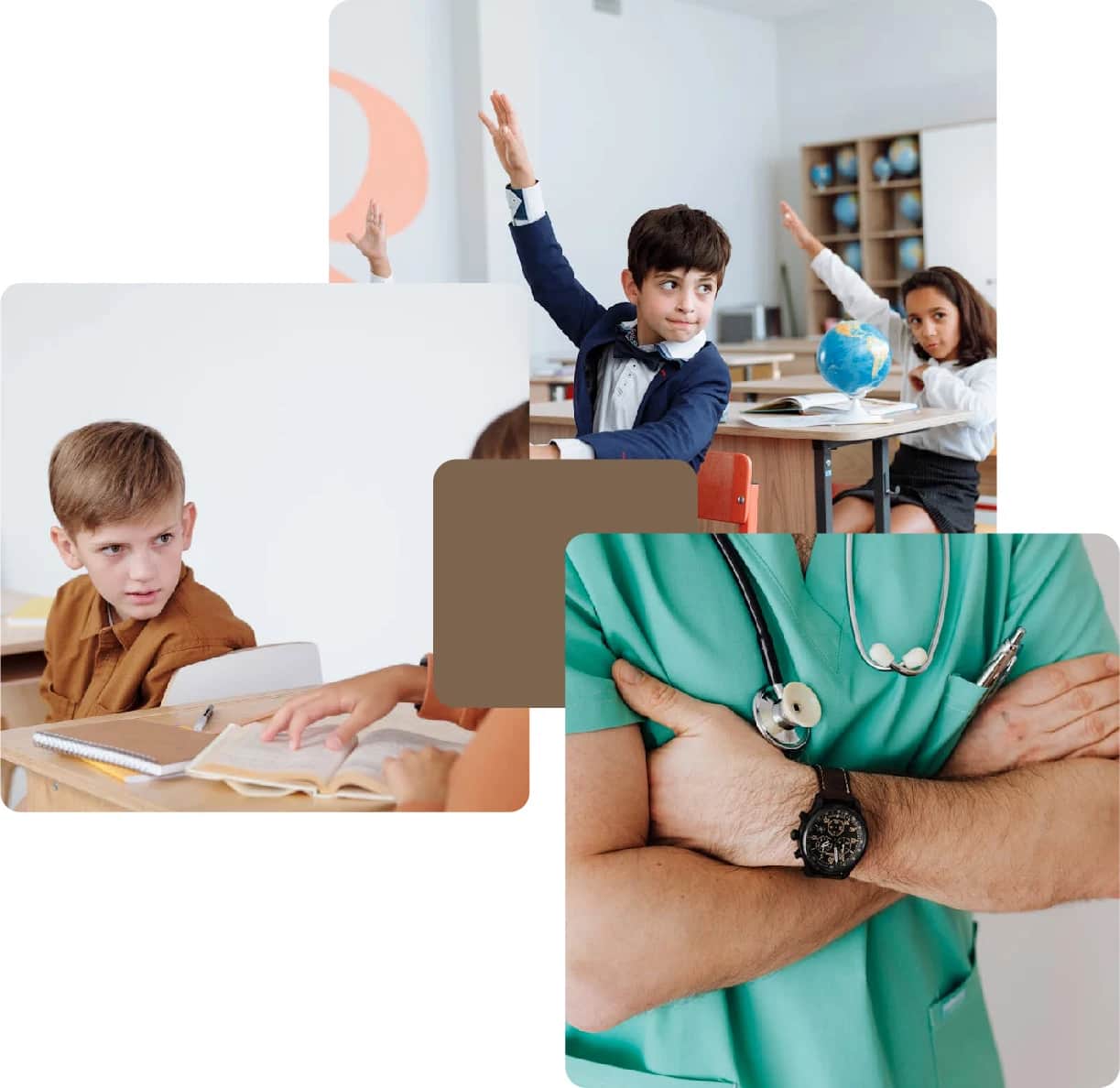 Students learning and doctor in uniform