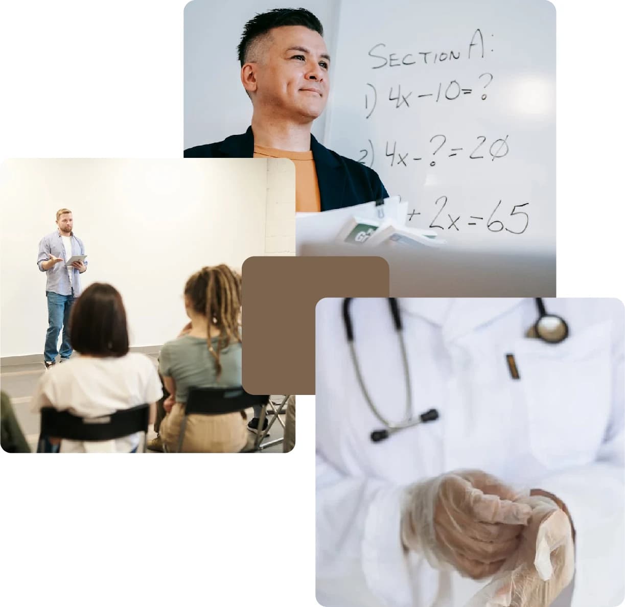 Math teachers in classrooms and doctor with gloves