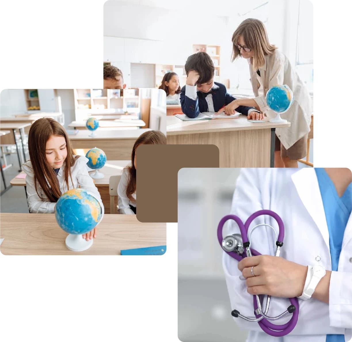 School kids learning with globes and books