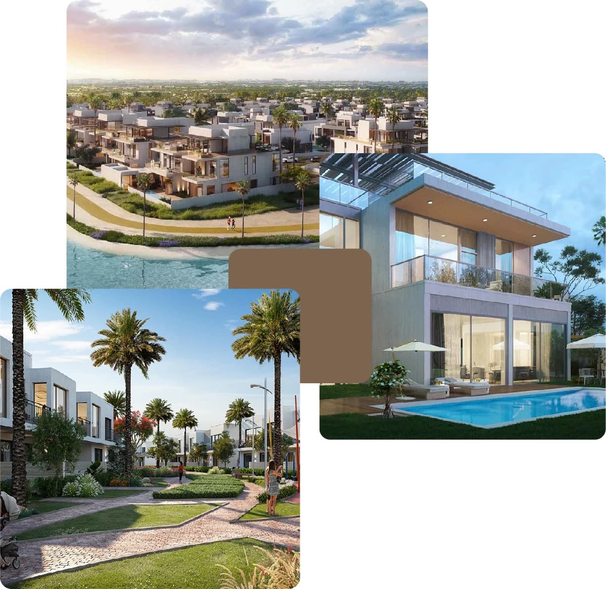 Scenic neighborhood with villas, water views, and landscaped pedestrian paths