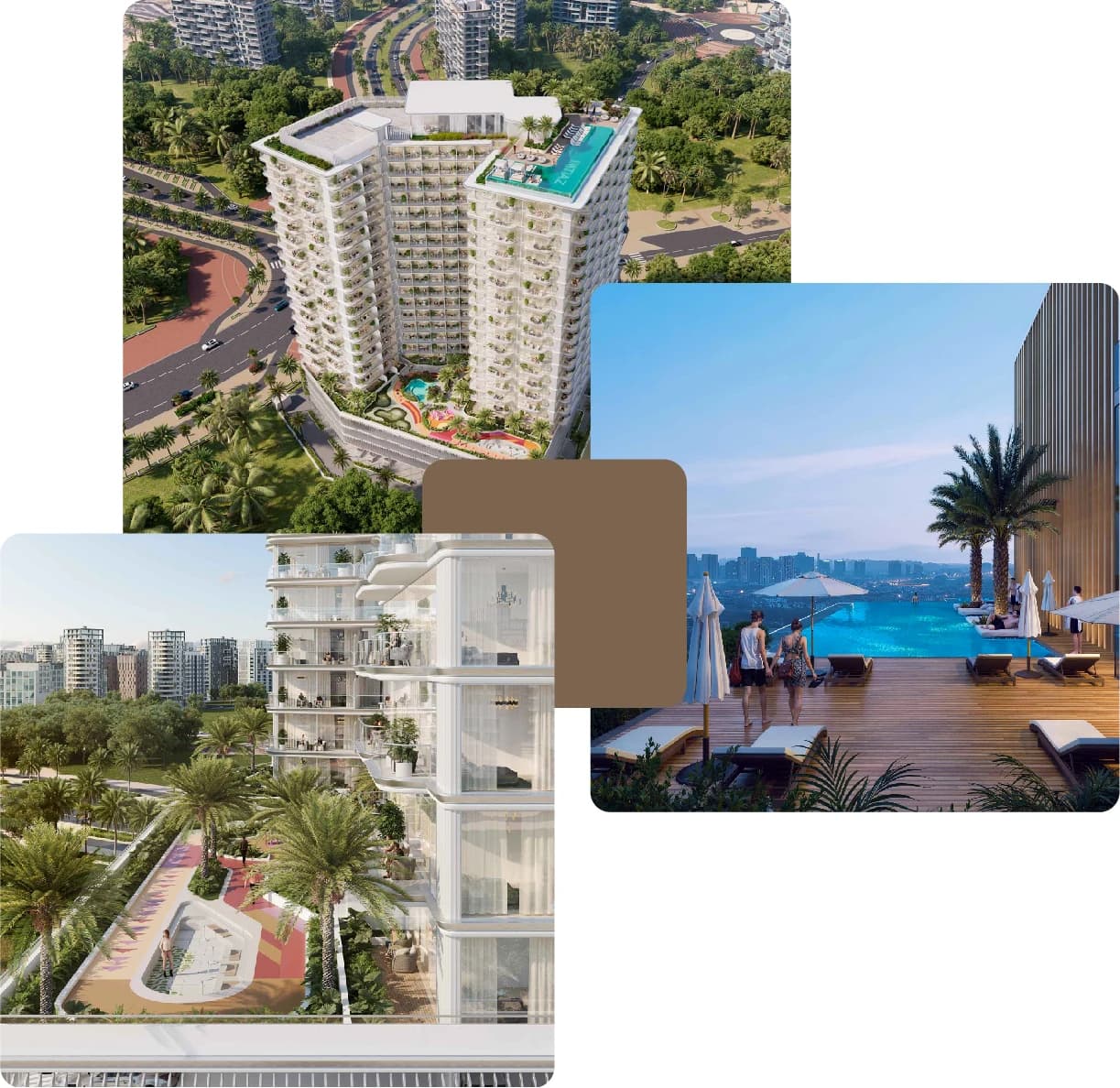Aerial view of residential tower with rooftop pool
