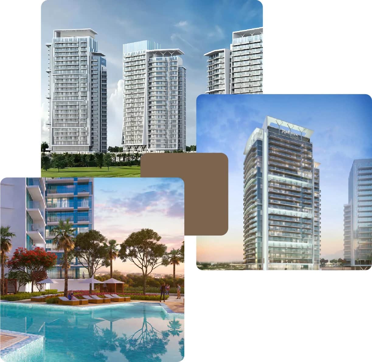 Upscale apartment towers with pools and parks
