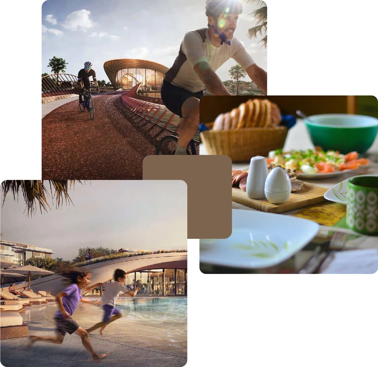 Cycling track, kids at pool, and breakfast spread