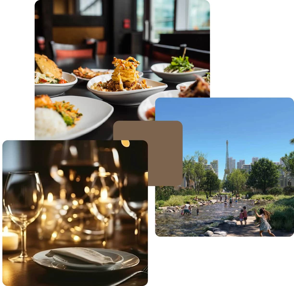 Fine dining plates and families by creek park