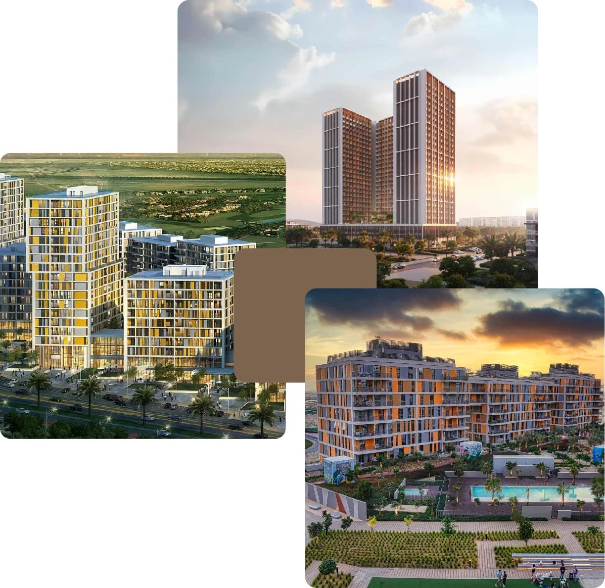 High-rise buildings with sunset and poolside views