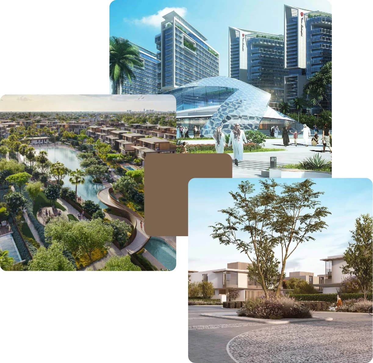 Aerial view of a luxurious residential community with waterways