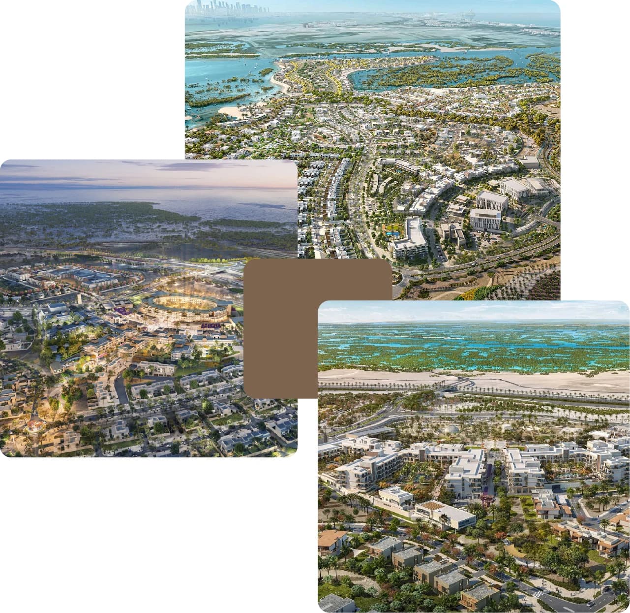 Aerial view of waterfront community with lush greenery