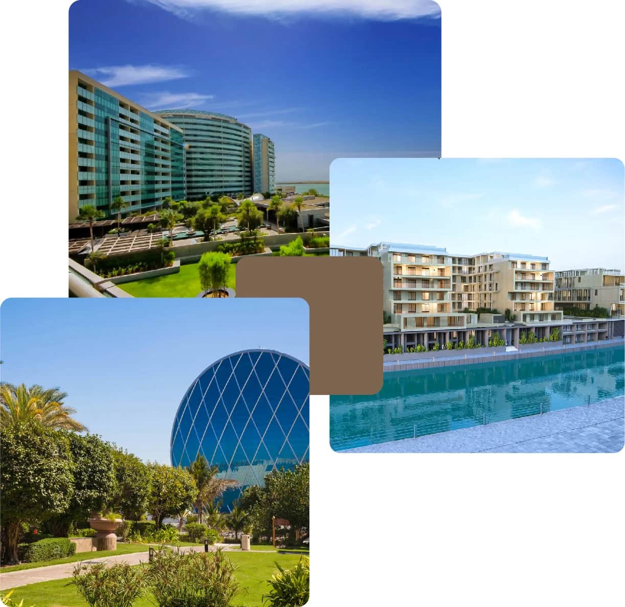 Curved glass towers and round blue landmark