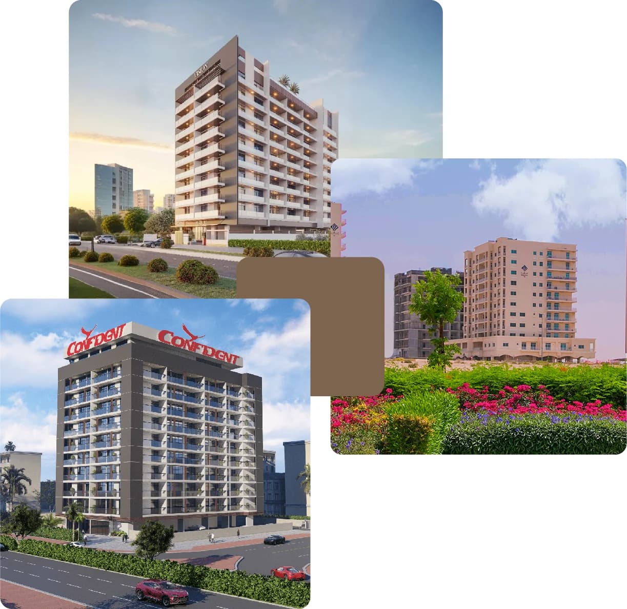 Mid-rise residential buildings surrounded by gardens