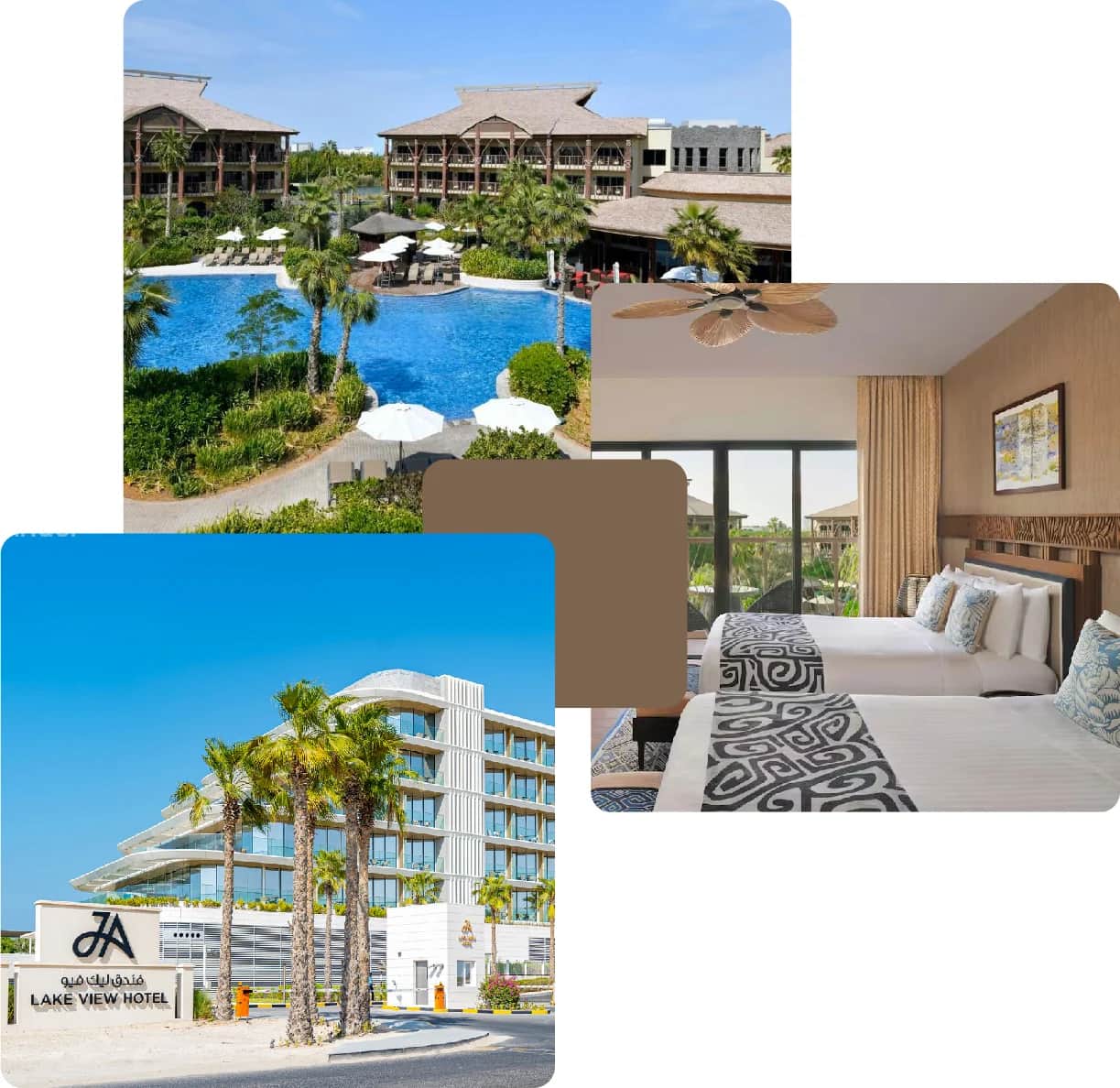 Hotel with a pool, bedroom interior, and hotel exterior view