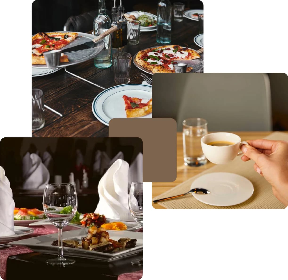 Dining tables with pizza, coffee and fine-dining setup
