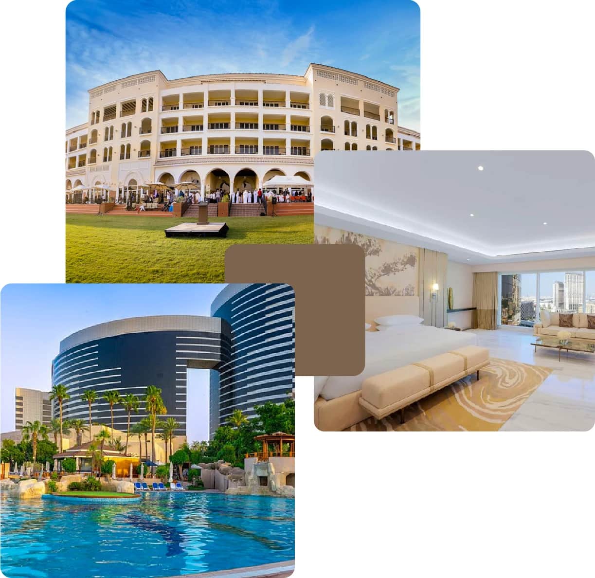 Luxury hotel exterior with pool and resort facilities