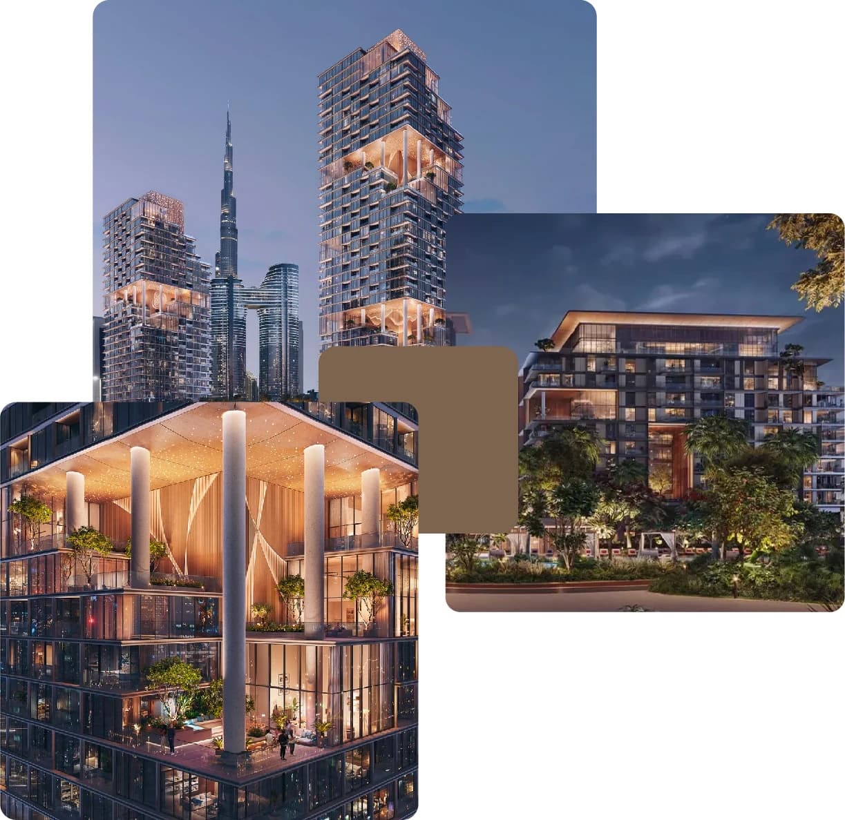 Luxury high-rise towers with city skyline view