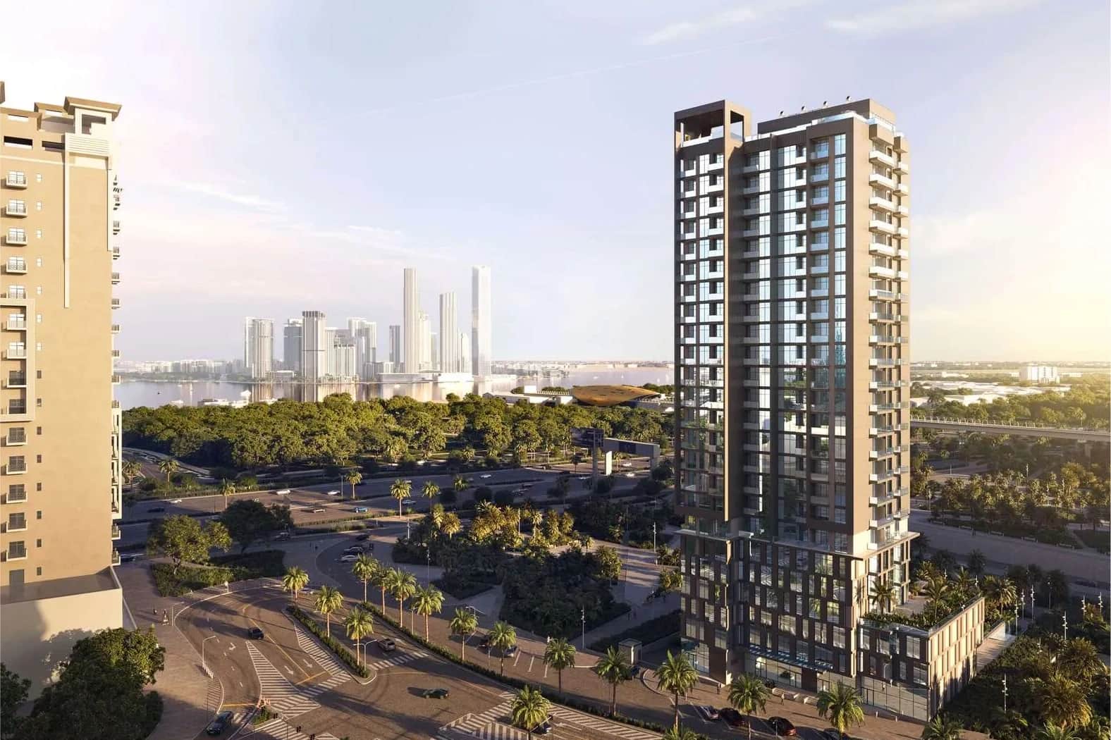 عرض معماري لمبنى فاخر مع طوابق وأشجار النخيل