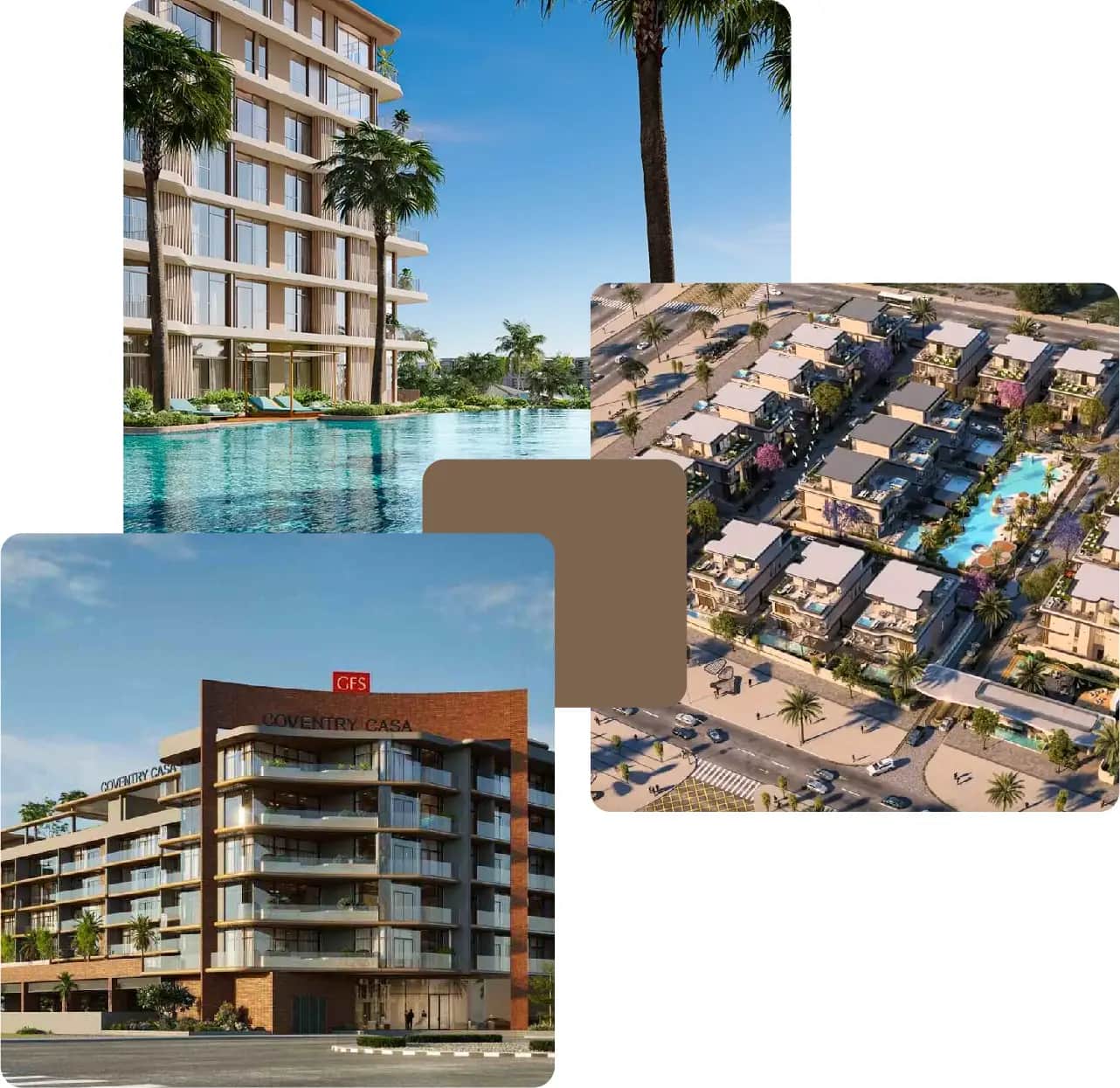 Modern residential buildings with pools and landscaped surroundings