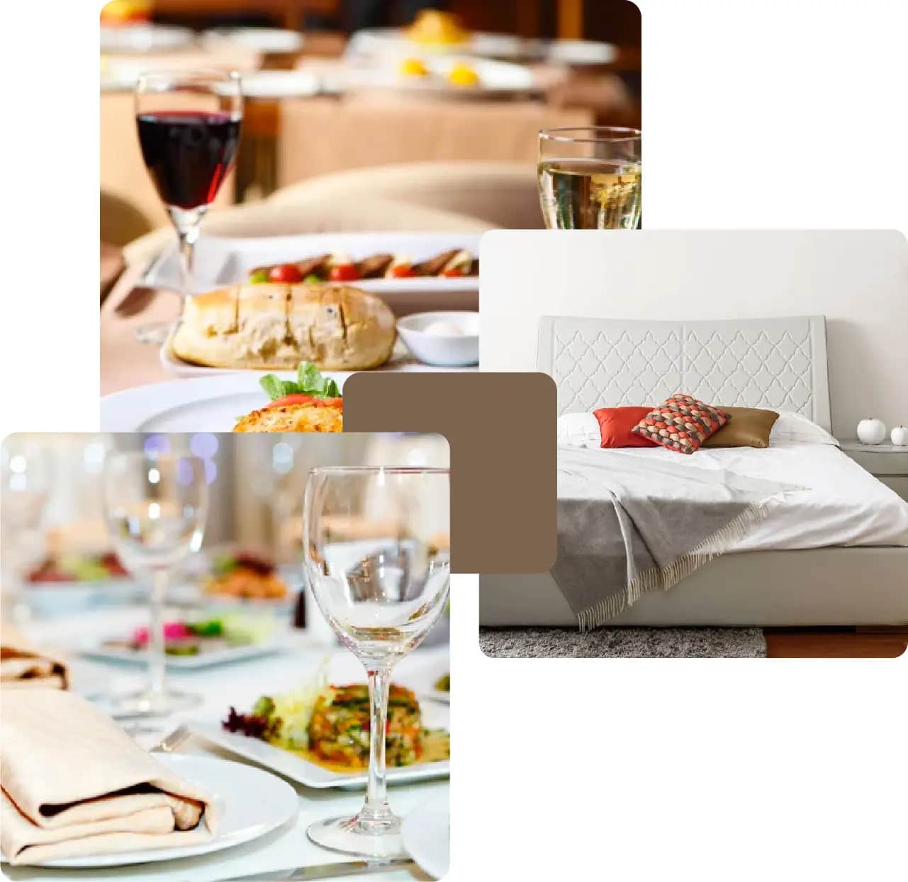 Dining table setup and a cozy bed with pillows