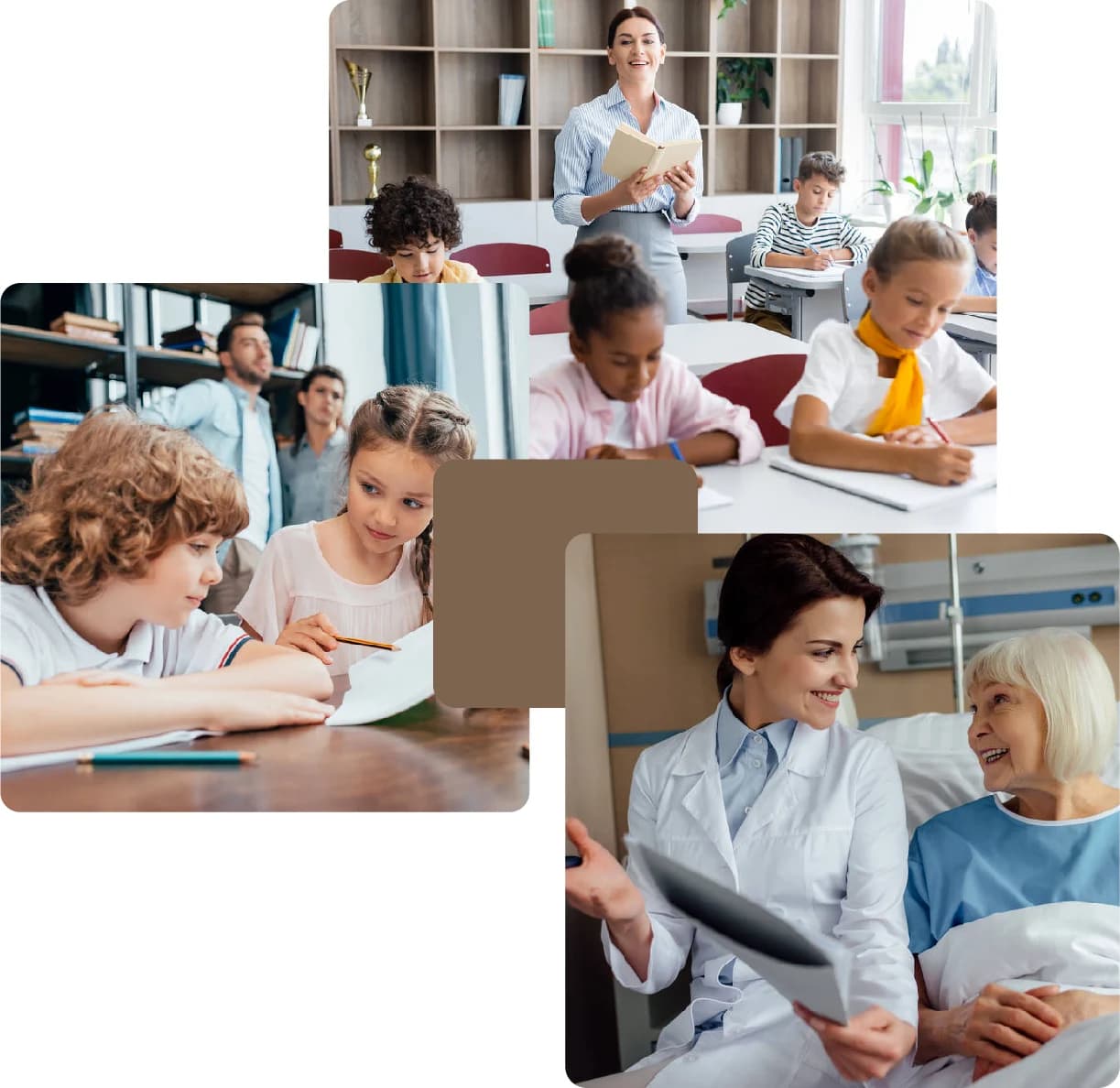 Students learning in class and doctor caring for patient