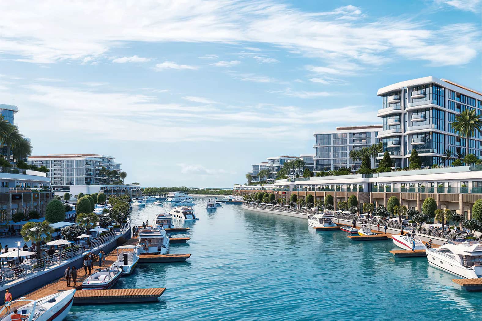 Waterfront marina with luxurious apartments and boats