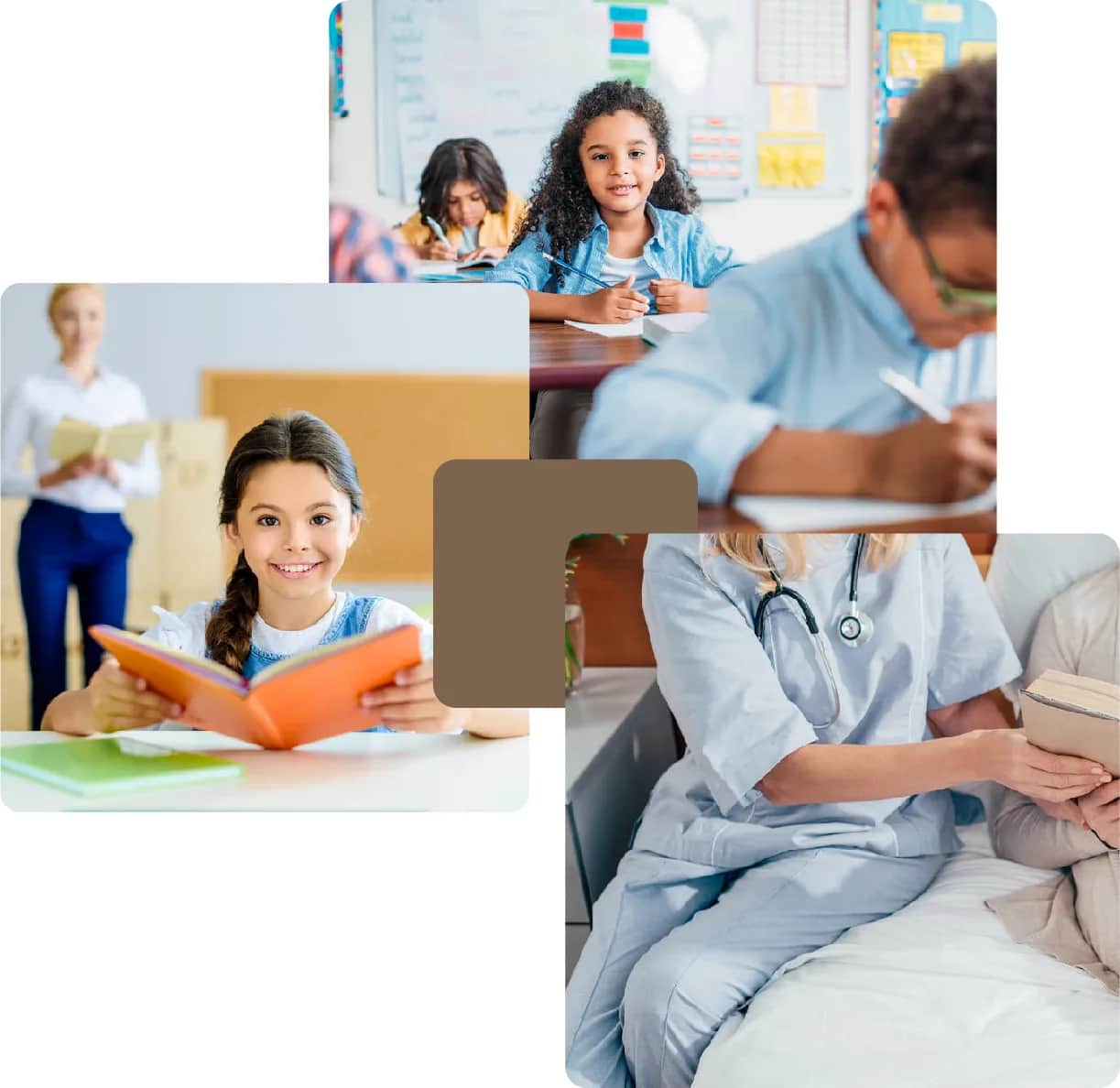 Children in class, teacher, and healthcare professional