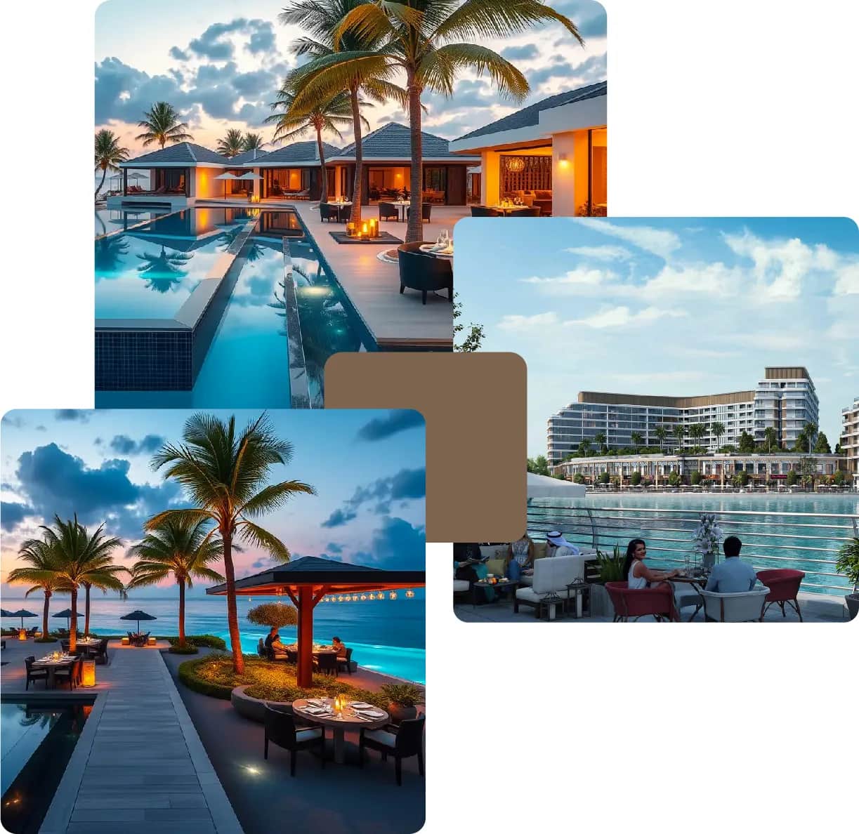 Luxury beachfront resort with pool and dining area