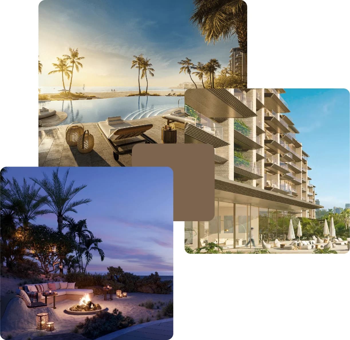 A luxury apartment complex with a scenic driveway and palm trees