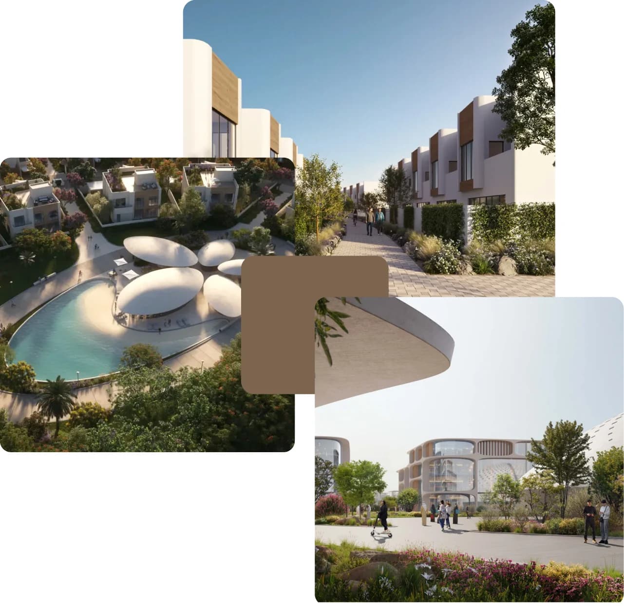 Modern community with homes, gardens and pathways