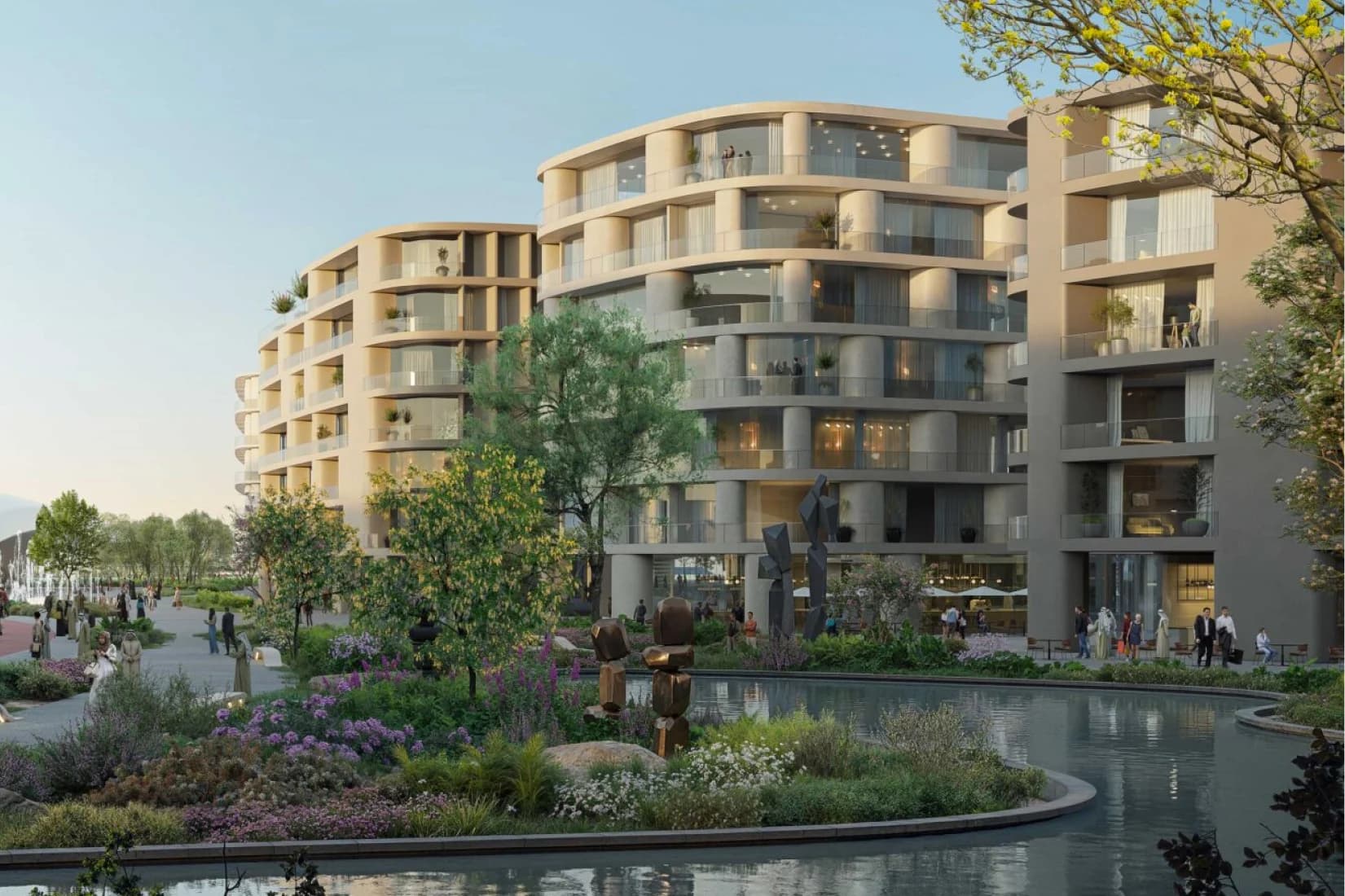 Modern waterfront apartments with gardens and paths
