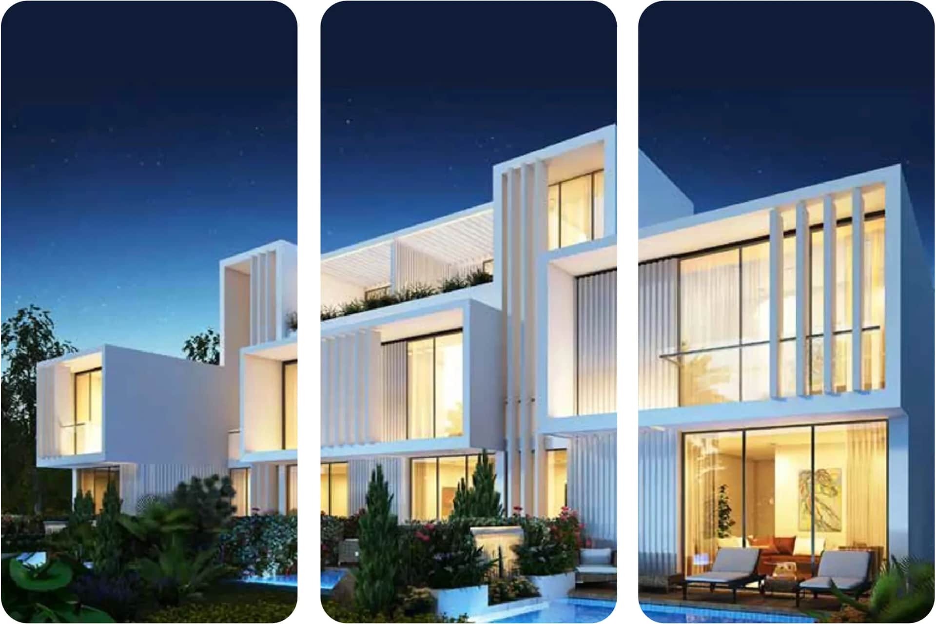 Modern luxury villa with garden, pool, and outdoor lounge