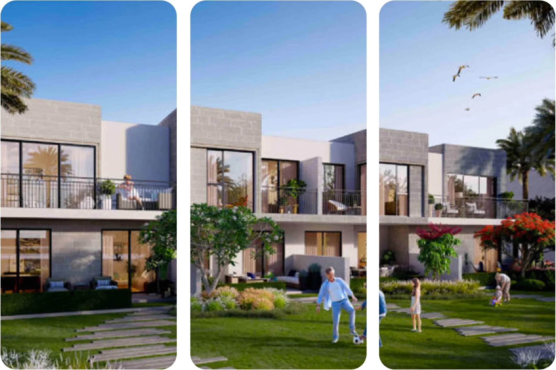 Townhouses with lawns, balconies, and families