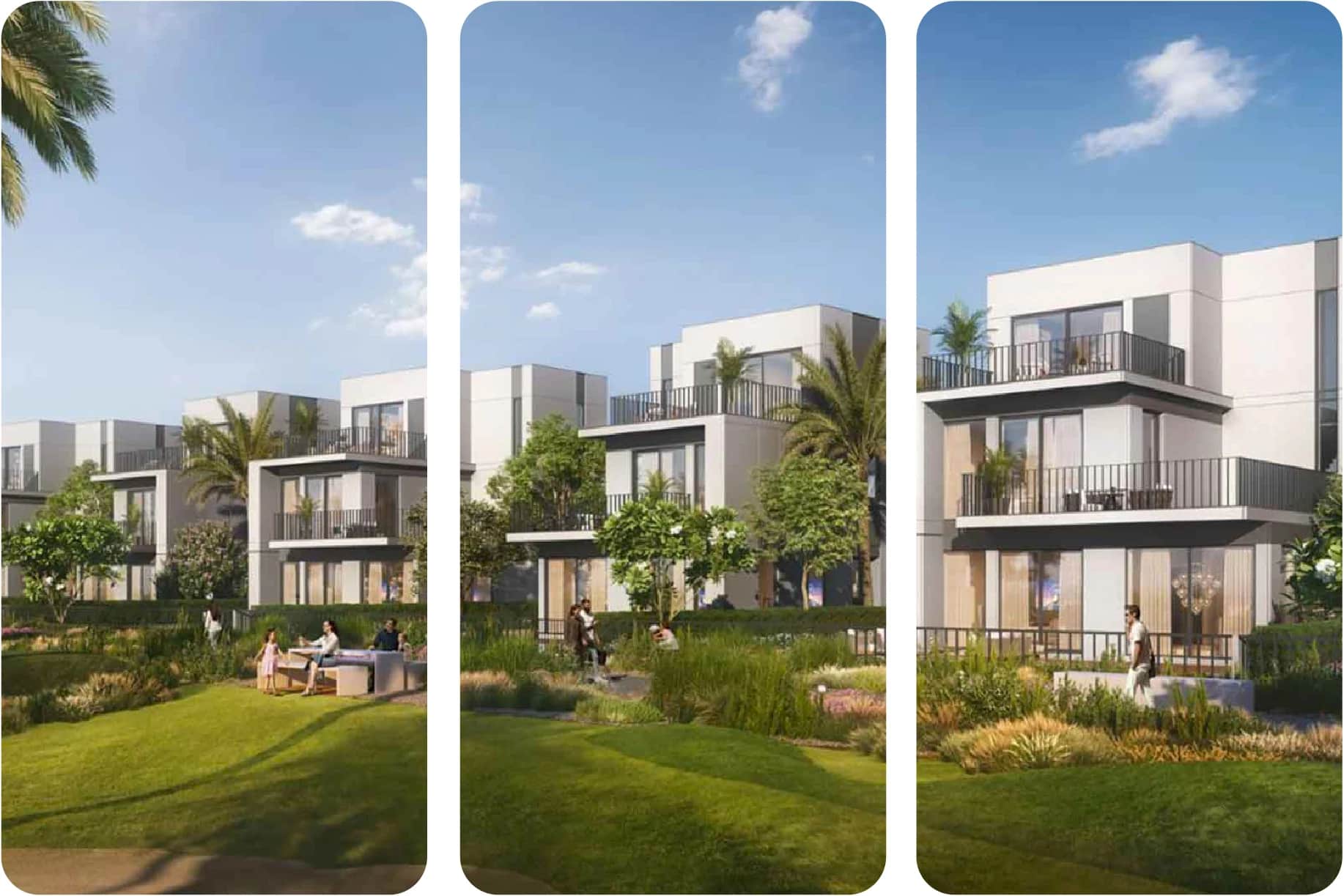 Contemporary home exterior with family walking in evening