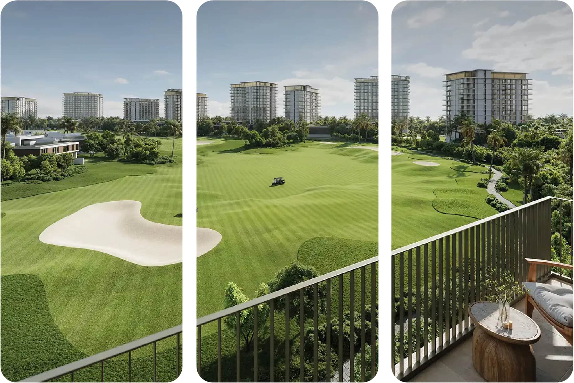 Modern residential towers with balconies and golf course view