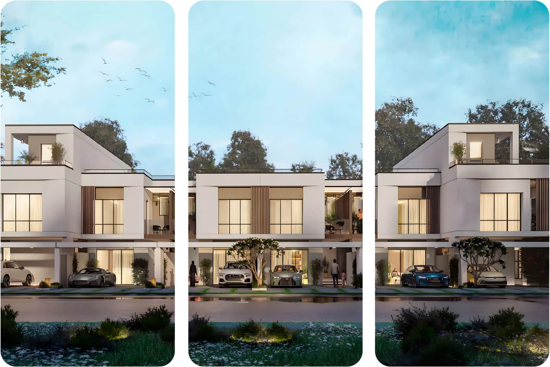 Beachfront view with vibrant greenery, villas, and water activities