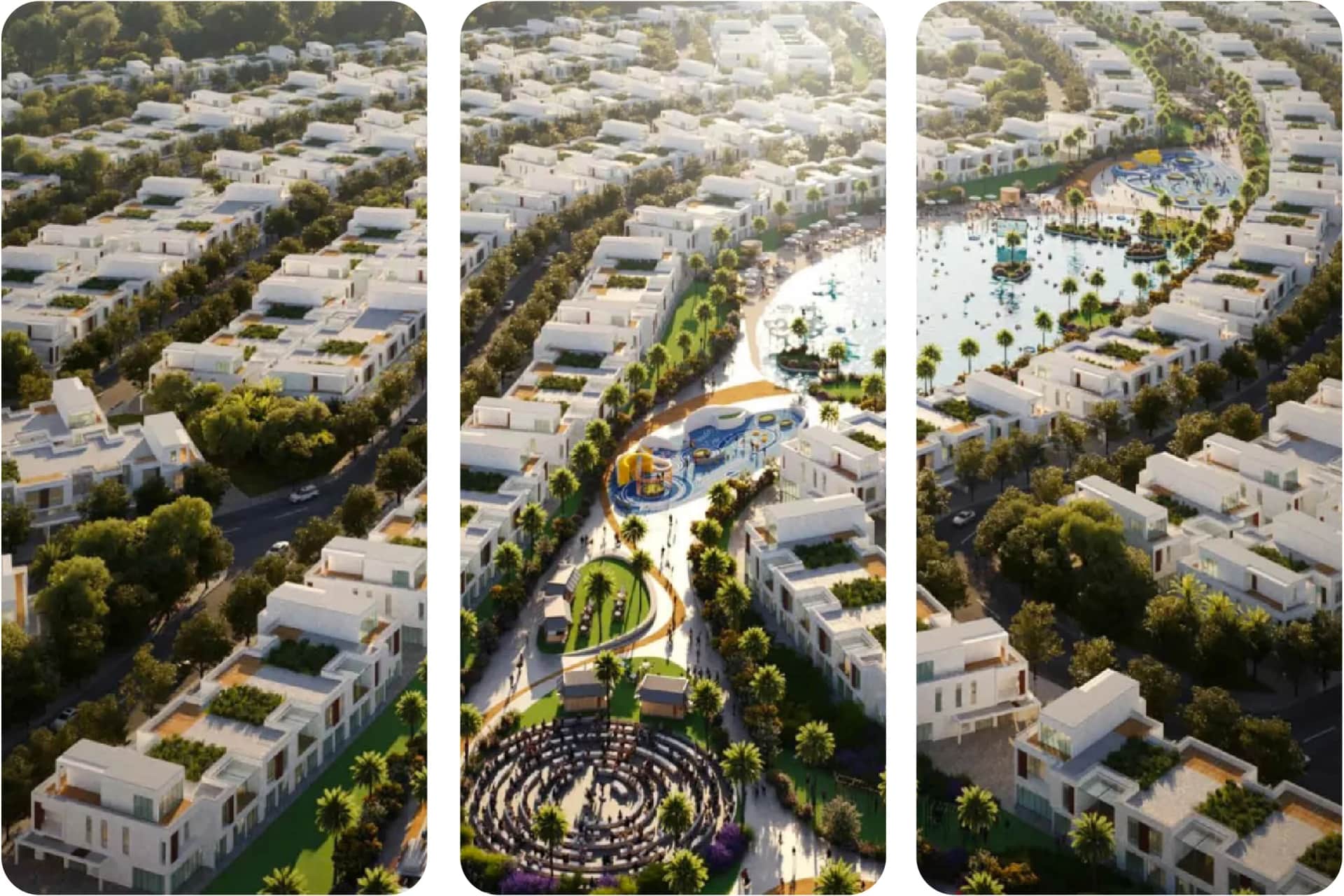 Panoramic view of a resort with beach, villas, and pools