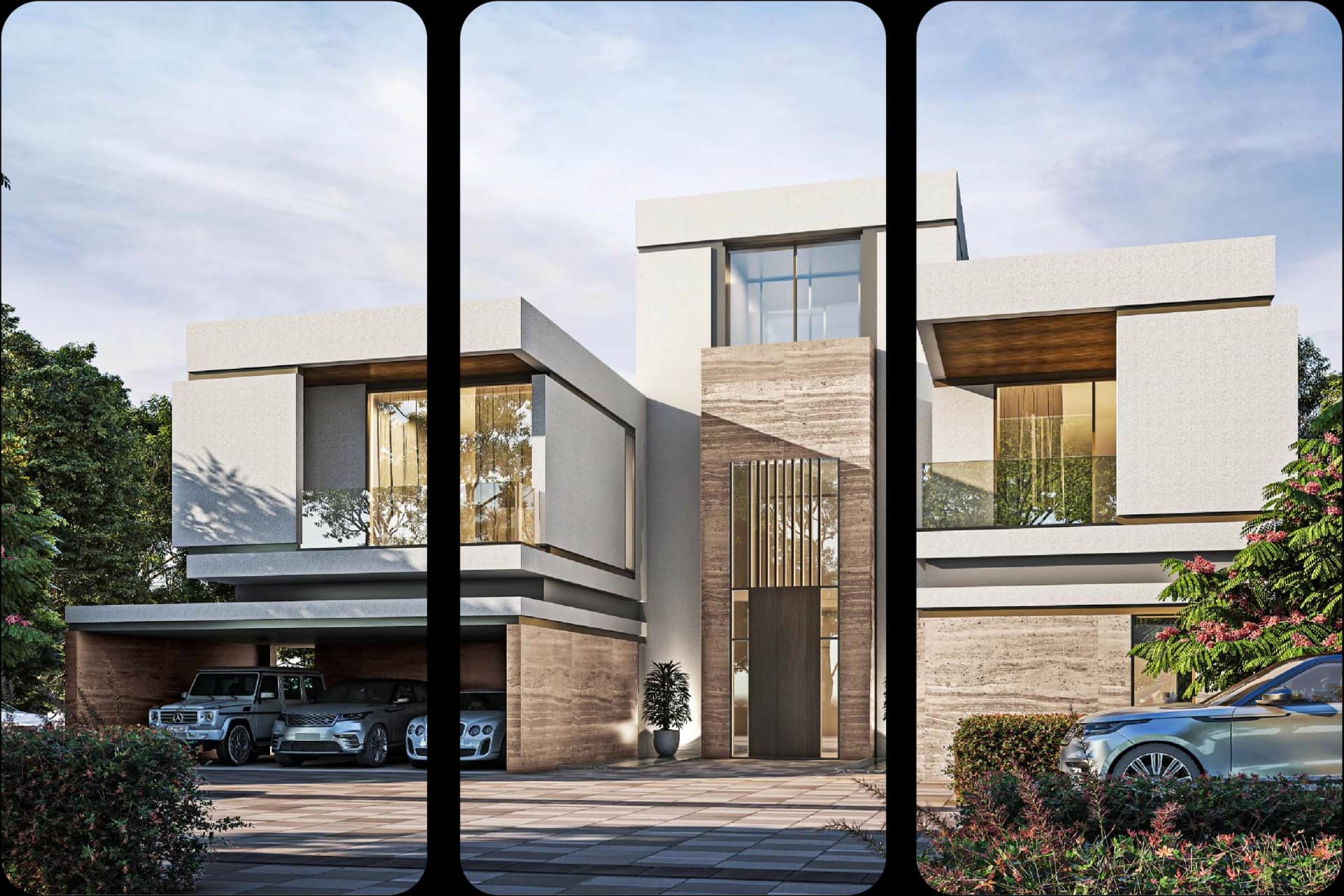 Modern villa with luxury cars parked