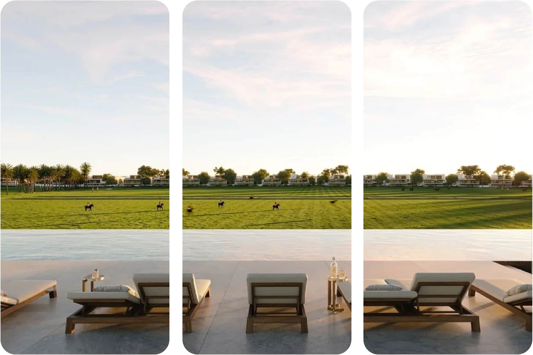 Poolside view of horses running with modern villas