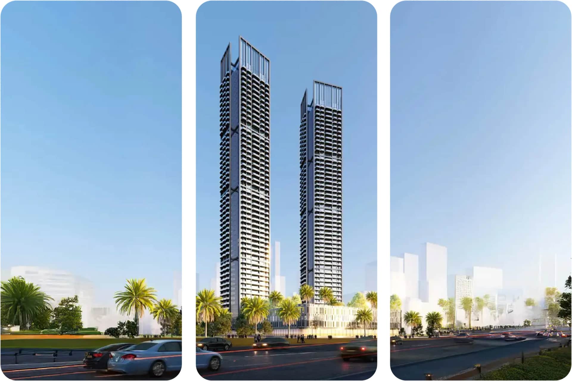 High-rise residential towers in Dubai with clear skies