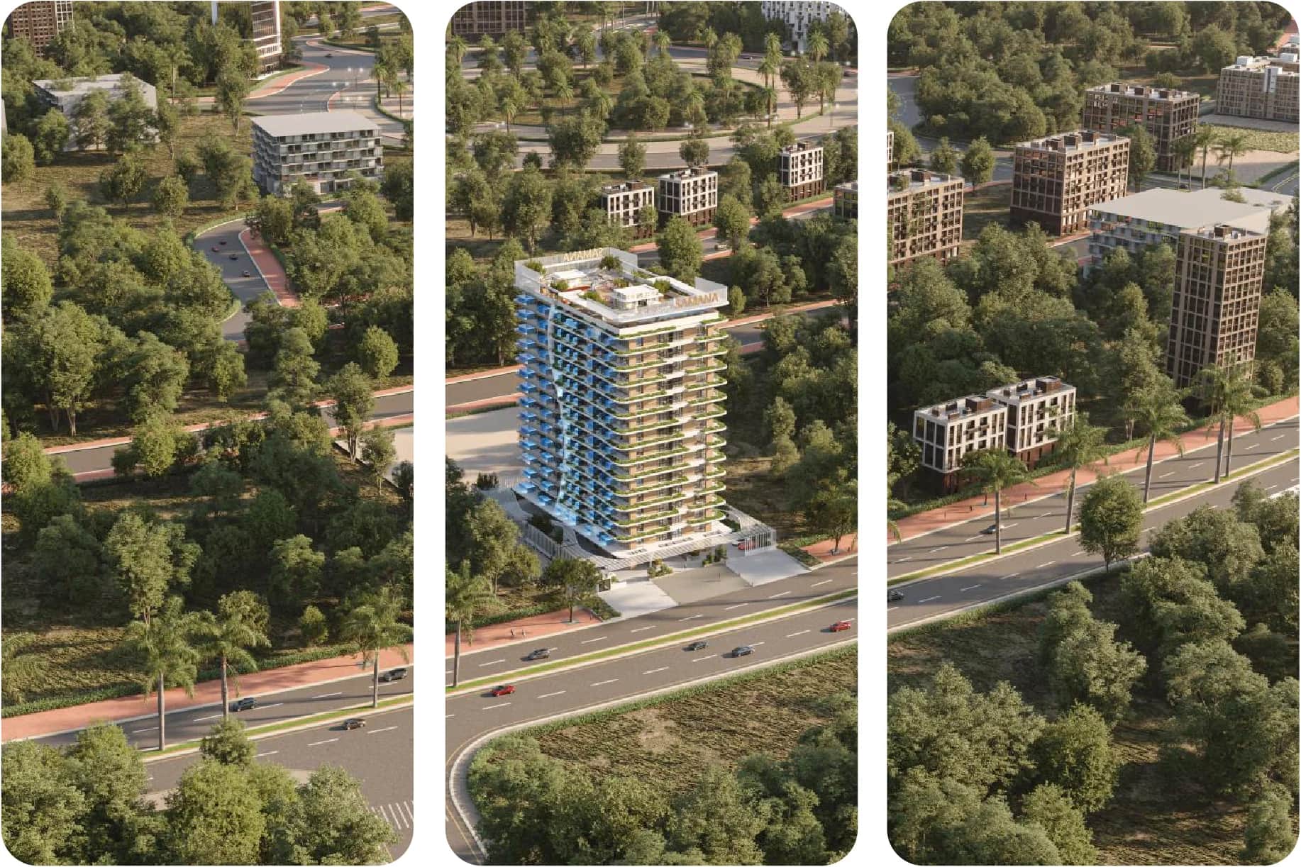 Modern high-rise building surrounded by greenery