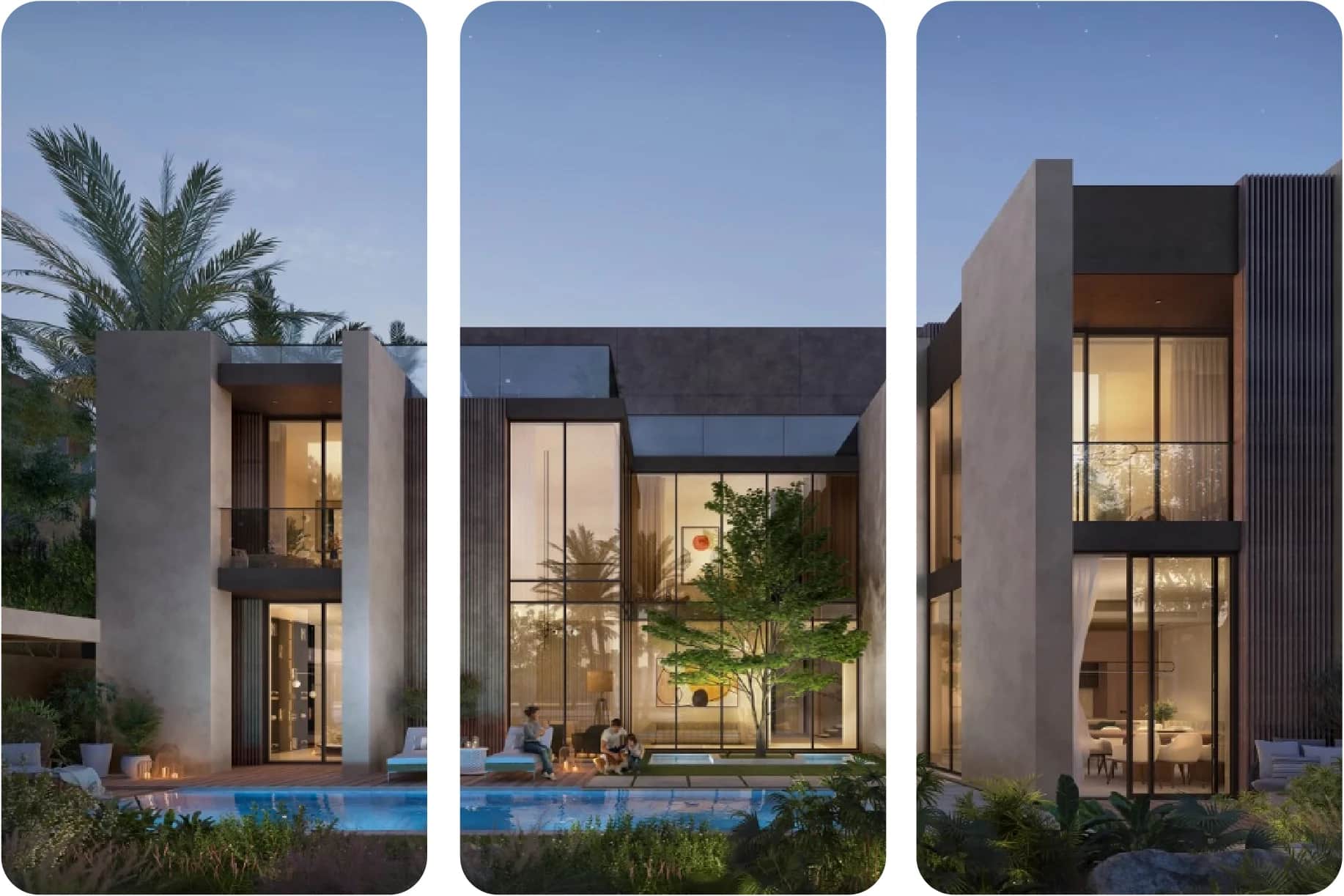 Three views of luxurious villas with a pool