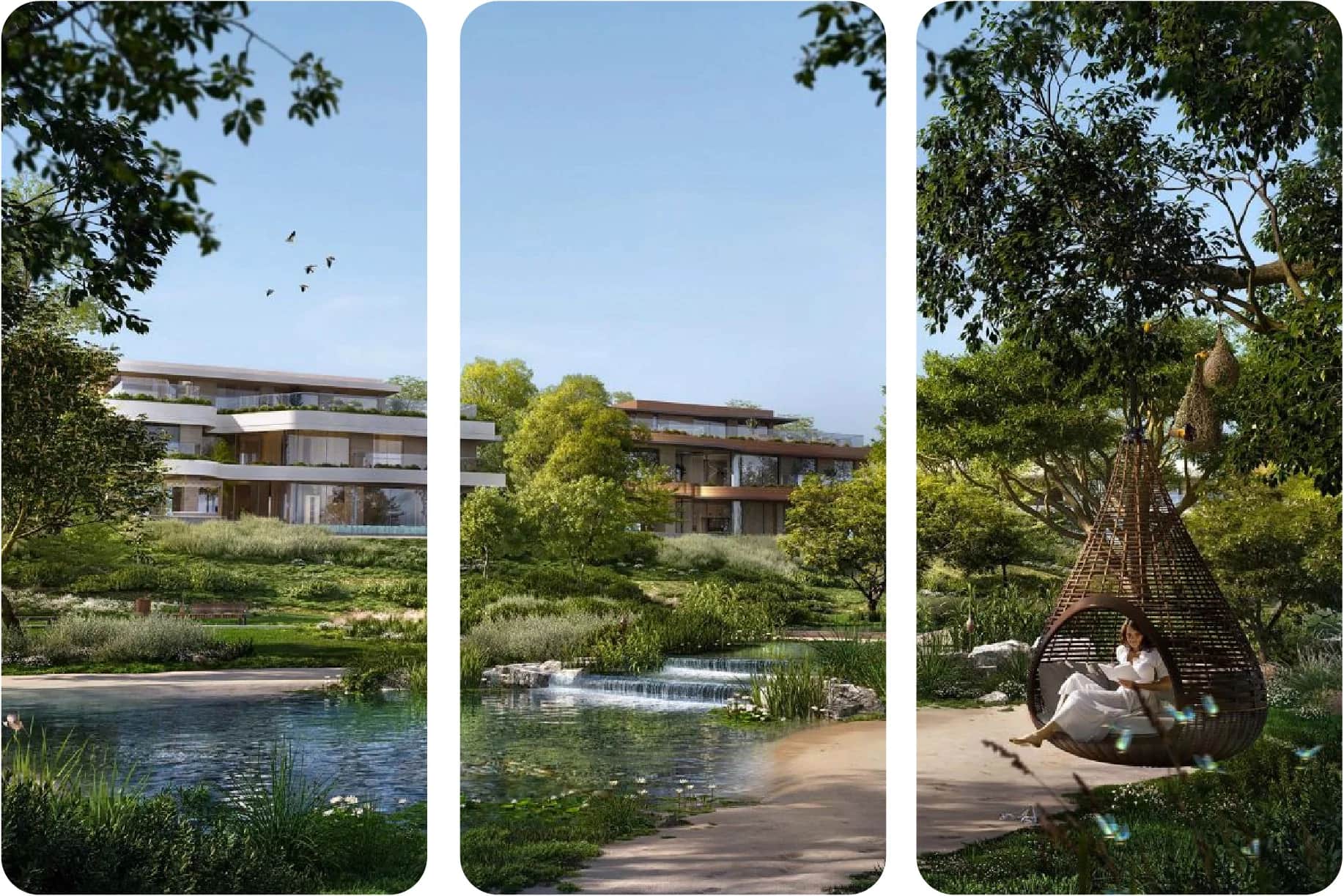 Three views of luxurious villas with nature and lake