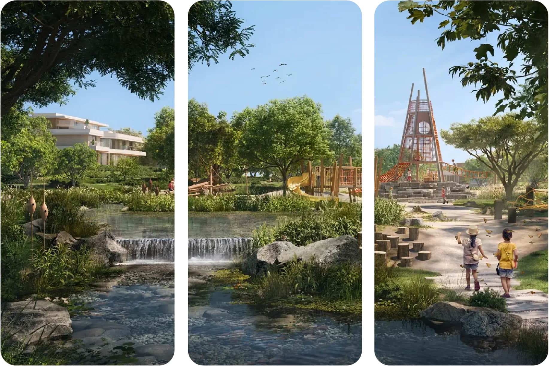 Beautiful park with playground, water features, and greenery