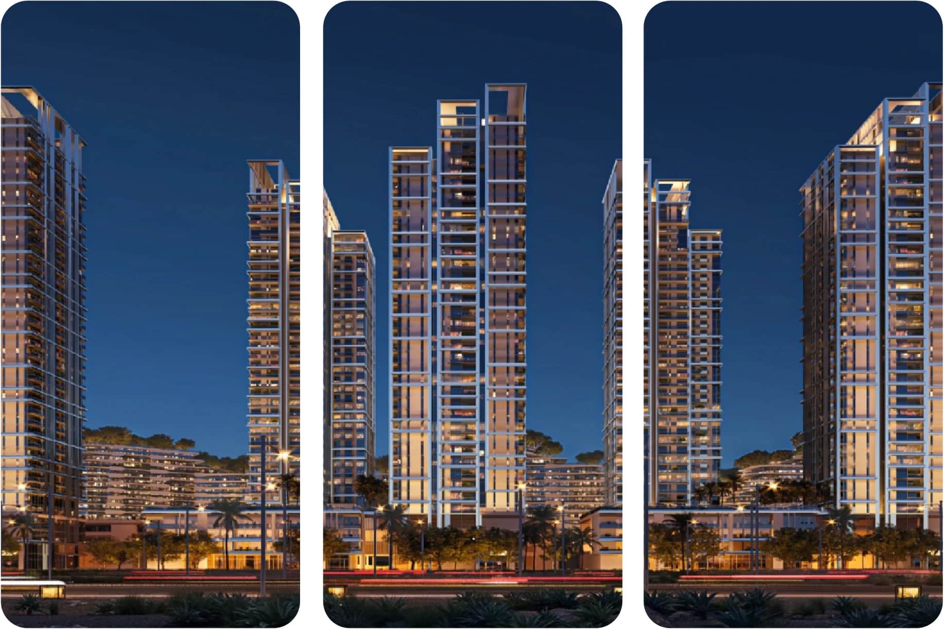 Modern high-rise Waada Towers at night