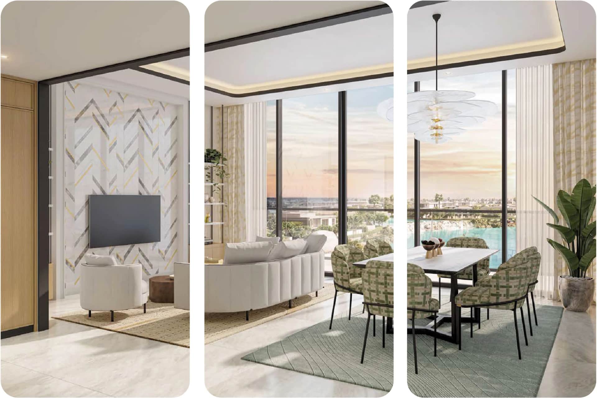 A modern interior with a living room, dining area, and large windows