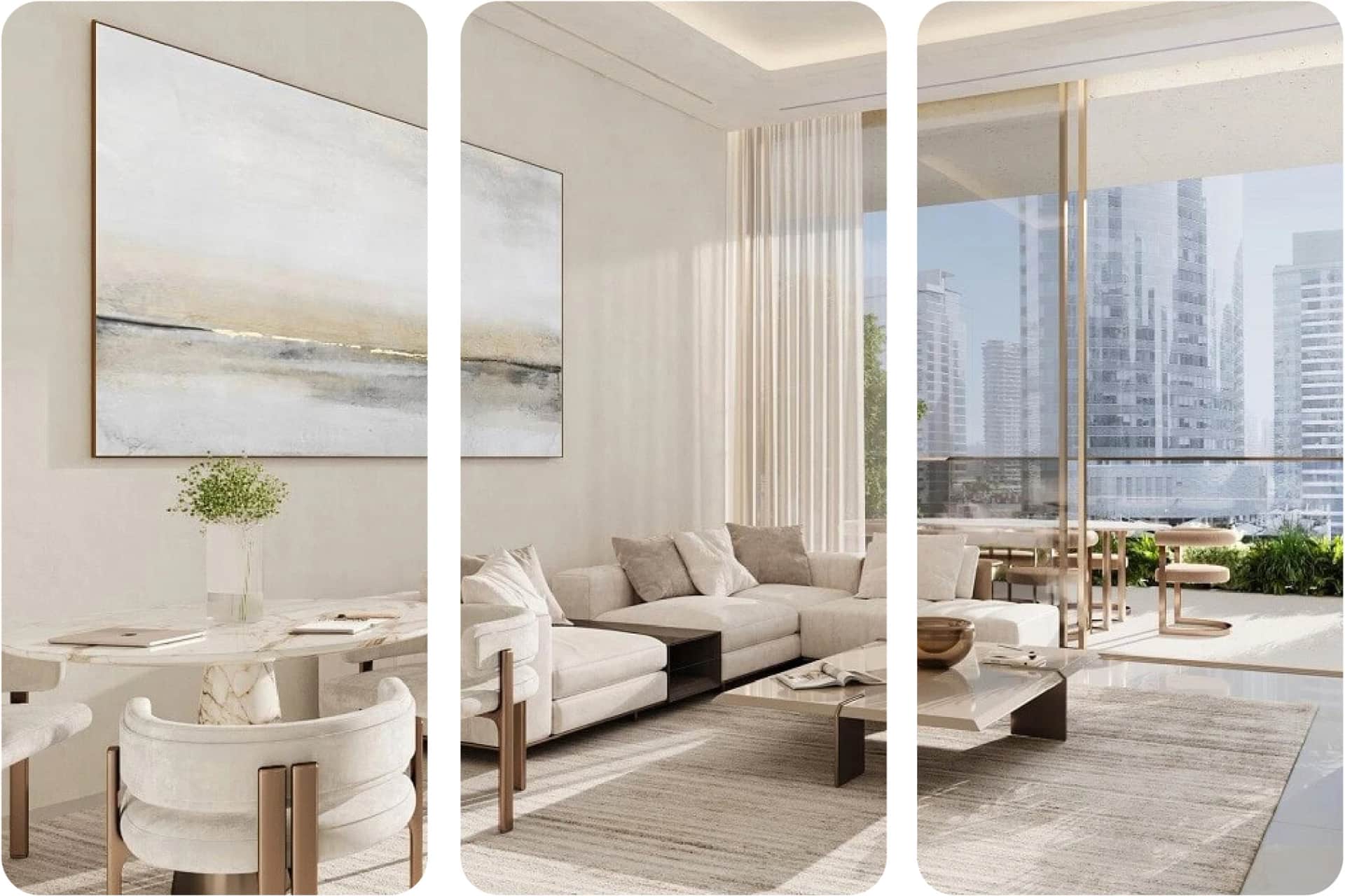 Bright, modern apartment interior with city views